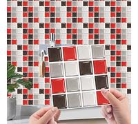Tile Stickers Red Grey Mosaic Peel and Stick Wallpaper Self Adhesive Wall Tiles Home Decoration DIY Stick on Wall Tiles for Kitchen Bathroom Stairs Stick on Tiles 10 Pcs(20x20cm)