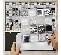 Tile Stickers Silver White Abstract Peel and Stick Wallpaper PVC Waterproof Oil Proof Self Adhesive Wall Tiles Tile Stickers for Kitchen Bathroom Home Decor Stick on Tiles 10 Pcs(10x10cm)