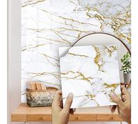 Tile Stickers White Marble Gold Peel and Stick Waterproof Oil-Proof Wallpaper Self Adhesive Wall Tiles Stick on Wall Tiles Tile Stickers for Bathroom Kitchen DIY Home Decor 10 Pcs/10x10cm
