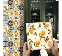Tile Stickers Yellow Blue Fruit Stick on Tiles PVC Self Adhesive Wall Tiles Waterproof Bathroom Tile Stickers Oil Proof Kitchen Tile Stickers DIY Peel and Stick Floor Tiles16 PC(20x20cm)