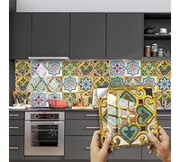 Tile Stickers Yellow Blue Green Stick on Tiles PVC Self Adhesive Wall Tiles Durable Peel and Stick Floor Tiles Stick on Wall Tiles Water Proof Tile Stickers for Bathroom Kitchen 10x10cm/10pcs