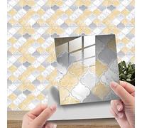 Tile Stickers Yellow Grey Geometric Stick on Tiles PVC Self Adhesive Wall Tiles Waterproof Bathroom Tile Stickers Oil Proof Kitchen Tile Stickers DIY Peel and Stick Floor Tiles25 PC(10x10cm)