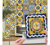 Tile Stickers Yellow Vintage Flowers Stick on Tiles PVC Self Adhesive Wall Tiles Waterproof Bathroom Tile Stickers Oil Proof Kitchen Tile Stickers DIY Peel and Stick Floor Tiles 24PC(15x15cm)