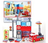 Tile Town Fire House + Firetruck Magnetic Tiles Building Playset & Vehicle w/ Lights & Sounds + Figures, Kids 3-5+, New ACTION TILES for Action Play, STEM Creative Toy, Great Gift for Boys & Girls