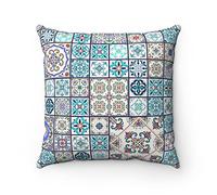 Tiles Mosaic Spanish Moroccan Cushion Covers - Moorish Arabesque Style Pillow Cover - Home Decor Cushion - 43 x 43 cm (Turquoise Blue)
