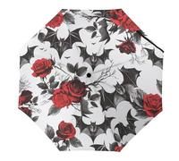 Tilivyx Umbrellas Gothic Pattern Bats And Red Roses Automatic Folding Umbrella Uv Sunscreen Umbrellas Portable Umbrella
