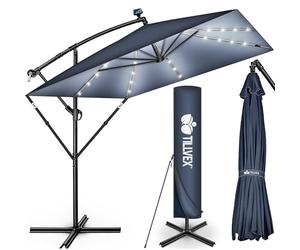 tillvex® Aluminium parasol rectangular diameter 330 cm with LED solar + cover with crank | cantilever parasol with stand and wind protection | garden umbrella UV protection, waterproof, 360° rotatable