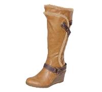 Tilly London Womans Knee Calf Fit High Wide Wedge Heel Tan Black Ladies Buckle Riding Boots Winter Warm Faux Fur Zips Collar (Tan, 6)