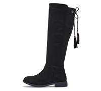 Tilly London Womans Suede Wide Fit Stretch Black Biker Flat Heel Knee Calf High Boots Shoes (Black, UK Footwear Size System, Adult, Women, Numeric, Medium, 3)