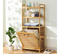 Tilt-Out Bamboo Laundry Hamper Cabinet with Open Shelf - Stylish Clothes Storage Organizer for Bathroom, Bedroom, Living Room, and Laundry Room