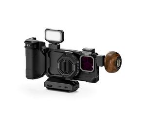 TILTA Khronos Phone Cage Compatible with iPhone 16 Pro with Wooden Handle, Cooling System, Focus PD Handle and Mini LED Panel Ultimate Kit - Black TK-IP16-PB-B