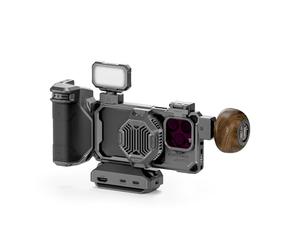 TILTA Khronos Phone Cage Compatible with iPhone 16 Pro with Wooden Handle, Cooling System, Focus PD Handle and Mini LED Panel Ultimate Kit - Space Gray TK-IP16-PB-SG