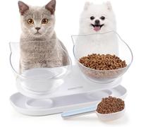 Tilted Double Pet Bowl Set, Plastic Feeder for Cats and Dogs with Food Spoon