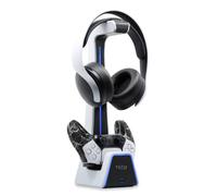 Tilted Nation RGB Headset Stand with Charging Station - for PlayStation or PC - PS4 / PS5 Controller Holder with Charger - Headphone and Game Controller Holder for Desk - White