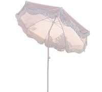 Tilted Patio with Tassel Retro Round Parasol Garden Pink and White Striped Beach Umbrella Adjustable Foldable Protection UV50+