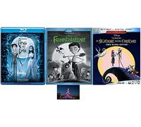 Tim Burton Animated Triple Feature Corpse Bride + Frankenweenie + Nightmare Before Christmas 3 Movie Blu Ray Bundle Disney with Magic Kingdom Art Card
