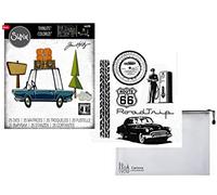 Tim Holtz Sizzix Road Trip Colorize 25 Piece Die Set and Tim Holtz Stampers Anonymous Road Trip 6 Piece Cling Stamp Set, Carnora Storage Mesh Bag, Bundle of 3 Items