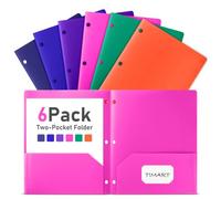 Timart Folders with Pockets 3 Hole Punched-6 Pack, 2 Pocket Heavy Duty Plastic Pocket Folders for 3 Ring Binder, Fit Letter Size File Folder for School Office（Assorted Colors）
