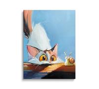 TimAsh Framed Funny Cat Wall Art Cat Staring at Snail Canvas Wall Decor Cartoon Cute Kitten Poster Painting Prints for Bedroom Bathroom Living Room 16'' x 12''