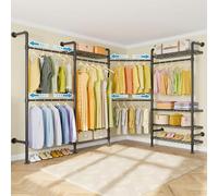 Timate L4 L Shape Garment Rack Heavy Duty Clothes Racks for Hanging Clothes, Expandable Industrial Pipe Clothing Rack Wall Mounted Closet Racks Wardrobe Closet Kit Corner Closet System, Black