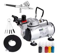 Timbertech Airbrush Kit with Compressor AS18-2K Basic Start Kit with Air Hose, Cleaning Brushes, and Test Paints for Hobby, Body Tattoo, Model Painting, Automotive Graphic, Make-up