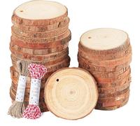 Timburst Wooden Discs, 60 Pieces, 4-5 cm Tree Slices, Pre-Drilled Holes, Wooden Plate, Round, Wooden Discs for Crafts, 20 m Ropes for Table Decoration, Decoration, Wedding, Centrepiece, Christmas