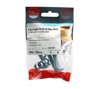 TIMCO BZP Carriage Bolt and Hex Nut - M8x 50 - Zinc - Pack of 4