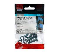 TIMCO 825SNZP BZP Hex Set and Nut-8 x 25-Zinc-Pack of 4, Silver, Set of 4 Pieces