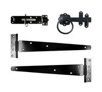 Timco Side Gate Kit Medium Tee Hinges Ring Latch & Brenton Padbolt Black - 18"