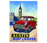 Time 4 Tee Reproduction Austin Mini Cooper Poster A2 A3 A4 London Big Ben Retro Vintage Car gift print (A3 (297x420mm))