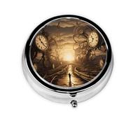 time Clock This Small, Printed, Round Pill Box is a Portable Pill and Vitamin Organizer Perfect for Pockets, Purses, and Travel.