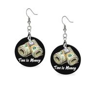 Time Is Money Cash Wooden Dangle Earrings Lightweight Drop Earrings Round Pendant Jewelry Gifts for Women