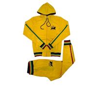 Time Is Money Men's Designer Rasta Lion Athletic Poly Slim Fit Tracksuit, Hooded Zip-Up Jacket and Pants Set, Black, Red, Green (UK, Alpha, S, Regular, Regular, Yellow)