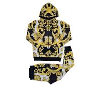 Time Is Money Men's Luxury Baroque Print Tracksuit Set, Gold and Black Pattern, Zip-Up Hooded Sweatshirt with Matching Joggers (UK, Alpha, XL, Regular, Regular, Black Gold)