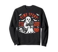 Time Spent With A Cat Is Never Wasted Boo Halloween Ghost Sweatshirt
