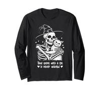 Time Spent with A Cat is Never Wasted Pet Halloween Skeleton Long Sleeve T-Shirt
