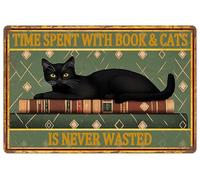 Time Spent With Book And Cat Is Never Wasted Metal Sign Funny Black Cat Tin Signs For Gardening Backyard Patio Outdoor Wall Decor 12x16inches