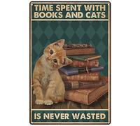 Time Spent With Books And Cats Is Never Wasted Poster Funny Cat Reading Poster Bookworm Cat Poster Love Cat And Reading Poster Home Decoration Art Posteres Wall Decor Poster Metal Sign 8X12 Inches
