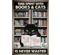 Time Spent with Books & Cats Is Never Wasted Black Cat New Aluminum Sign 12x8 Inch, Funny Cat Bathroom Decor, Bedroom Decor For Women, Black Cat Lovers Gifts for Girls Room
