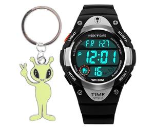 Time Style Digital Watch & Glow in The Dark Alien Keyring Gift Set | 50m Water Resistant Sport Watch with EL Backlight | Unisex Design for Kids, Teens, Adults.