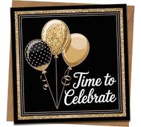 Time to Celebrate Greeting Card - Black and Gold Balloons, 145mm x 145mm Square Celebration Card with Kraft Envelope - Birthday, Anniversary, Graduation Party Congratulations
