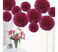 Time to Sparkle 10 Pack Mixed Tissue Paper Pompoms Pom Poms Flower Wedding Party Decoration (Burgundy, 10pcs Large(8"+10"+12"))