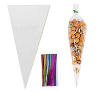 Time to Sparkle 100 PCS Sweet Cone Bags Clear Cellophane Party Candy Popcorn Treat Bags Plastic with 100 PCS Twist Ties for Halloween Xmas Gifts Wrapping Christmas Kids Birthday - Mix 30 * 16cm
