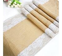 Time to Sparkle 10pcsJute Hessian Table Runners Lace 30x275cm Rustic Burlap Sewed Edge Wedding Table Decor (Jute With Lace)