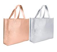 Time to Sparkle 12pcs Glossy Reusable Grocery Bags 32 * 27 * 10cm Tote Bags with Handle Non-Woven Stylish Foldable Gift Bag Tote Bags for Wedding Bridal Shower Engagement Parties Silver&Rose Gold