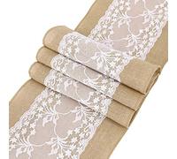 Time to Sparkle 5pcs 30x275cm Jute Hessian Table Runners Lace Rustic Burlap Sewed Edge Wedding festival party event decorations (Jute Lace Middle)