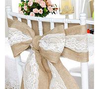 Time to Sparkle 5pcs Hessian Sashes Jute Lace Sashes 240x17cm Jute Chair Bow Natural Burlap Wedding Party (Jute with Lace)