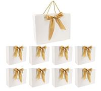 Time to Sparkle 8 PCS Gift Bags Large Size with Handles Bulk, Waterproof Paper Bags with Bow Ribbon for Baby Shower Wedding Party Birthday Holiday Celebrations (32 * 25 * 11cm) White/Gold
