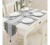 Time to Sparkle Set of 1 Velvet Table Runner + 4 Placemat Table Mats Thick Velvet Satin Tasseled Xmas (Velvet-silver, 4*Placemats + 1*Runner)