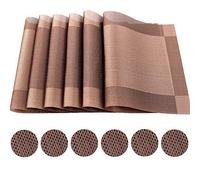 Time to Sparkle Set of 12 PCS Vinyl Woven 6pcs Placemats + 6pcs Coasters Place Mats Non slip Table Mats Waterproof Heat-resistant Dining Table Mats Decor (Brown)